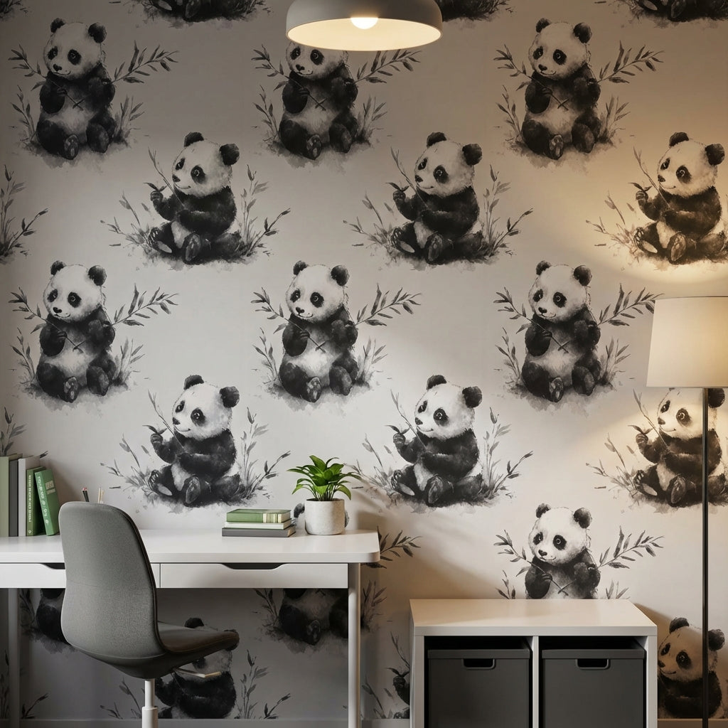 Panda Desenli Duvar Kağıdı Gri Tonlu Çocuk Odası