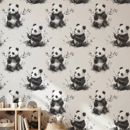Panda Desenli Duvar Kağıdı Gri Tonlu Çocuk Odası