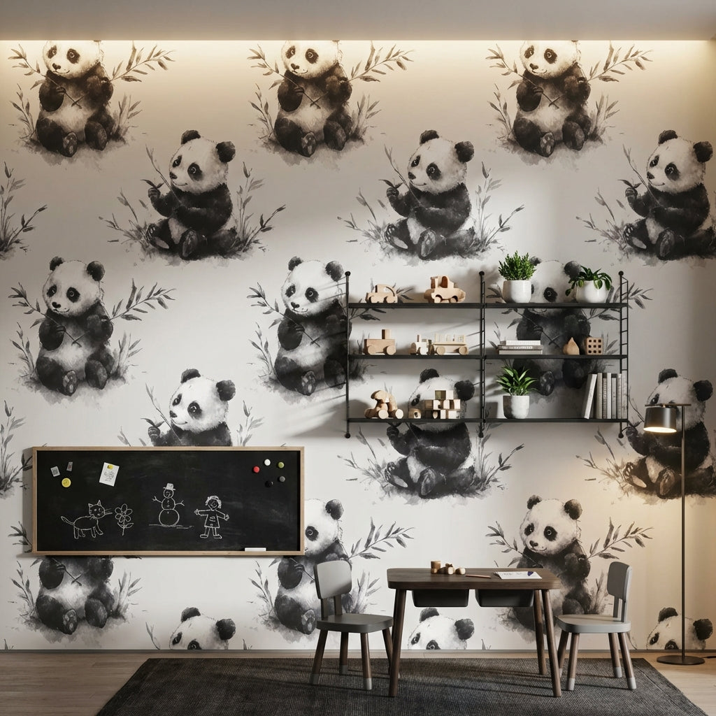 Panda Desenli Duvar Kağıdı Gri Tonlu Çocuk Odası