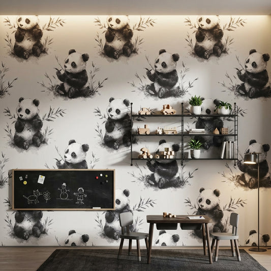 Panda Desenli Duvar Kağıdı Gri Tonlu Çocuk Odası