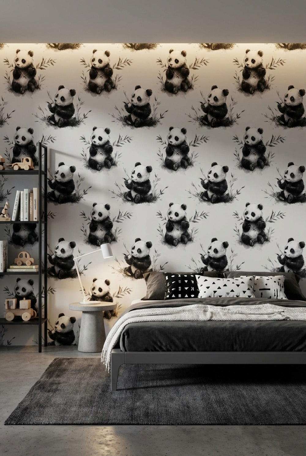 Panda Desenli Duvar Kağıdı Gri Tonlu Çocuk Odası
