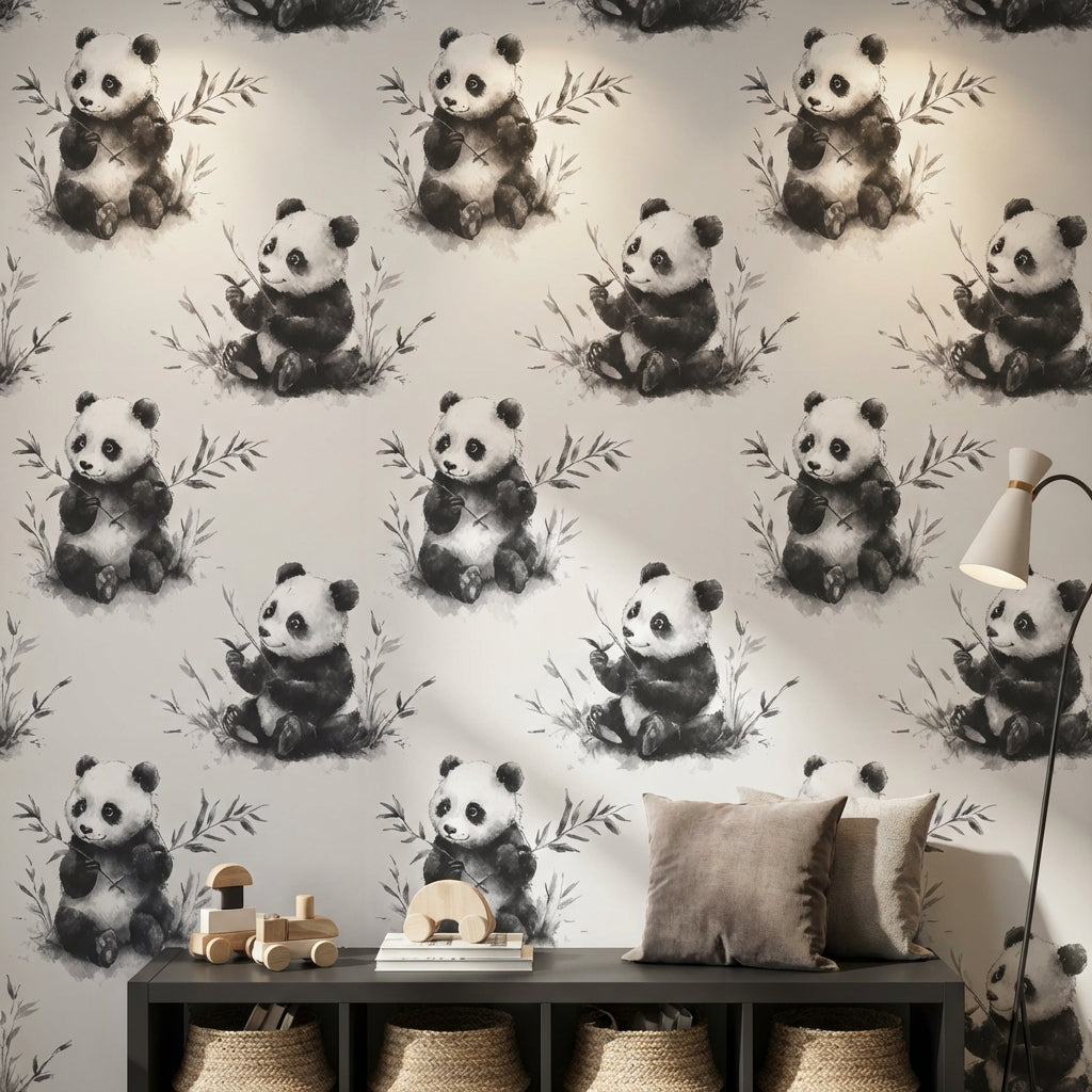Panda Desenli Duvar Kağıdı Gri Tonlu Çocuk Odası