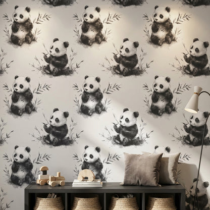 Panda Desenli Duvar Kağıdı Gri Tonlu Çocuk Odası
