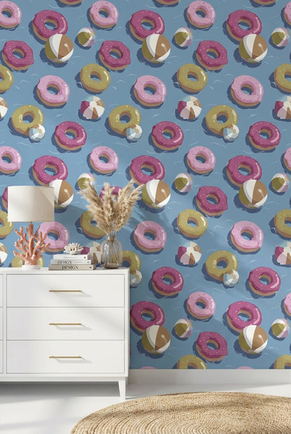 Donut Desenli Duvar Kağıdı Mavi Zemin Çocuk Odası
