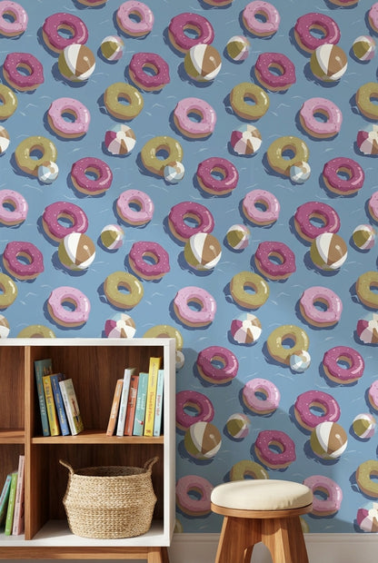 Donut Desenli Duvar Kağıdı Mavi Zemin Çocuk Odası