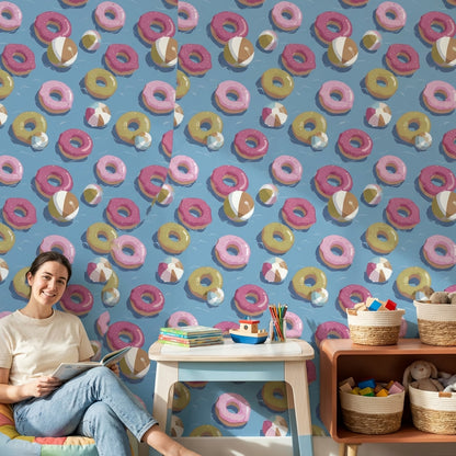 Donut Desenli Duvar Kağıdı Mavi Zemin Çocuk Odası