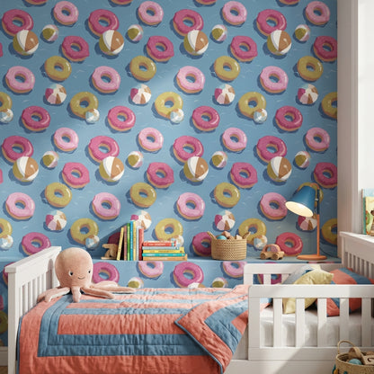 Donut Desenli Duvar Kağıdı Mavi Zemin Çocuk Odası