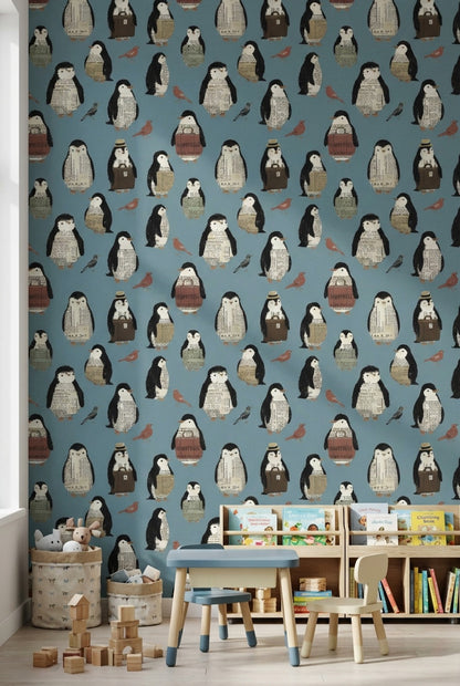 Penguen Desenli Duvar Kağıdı Mavi Çocuk Odası Duvar Dekoru