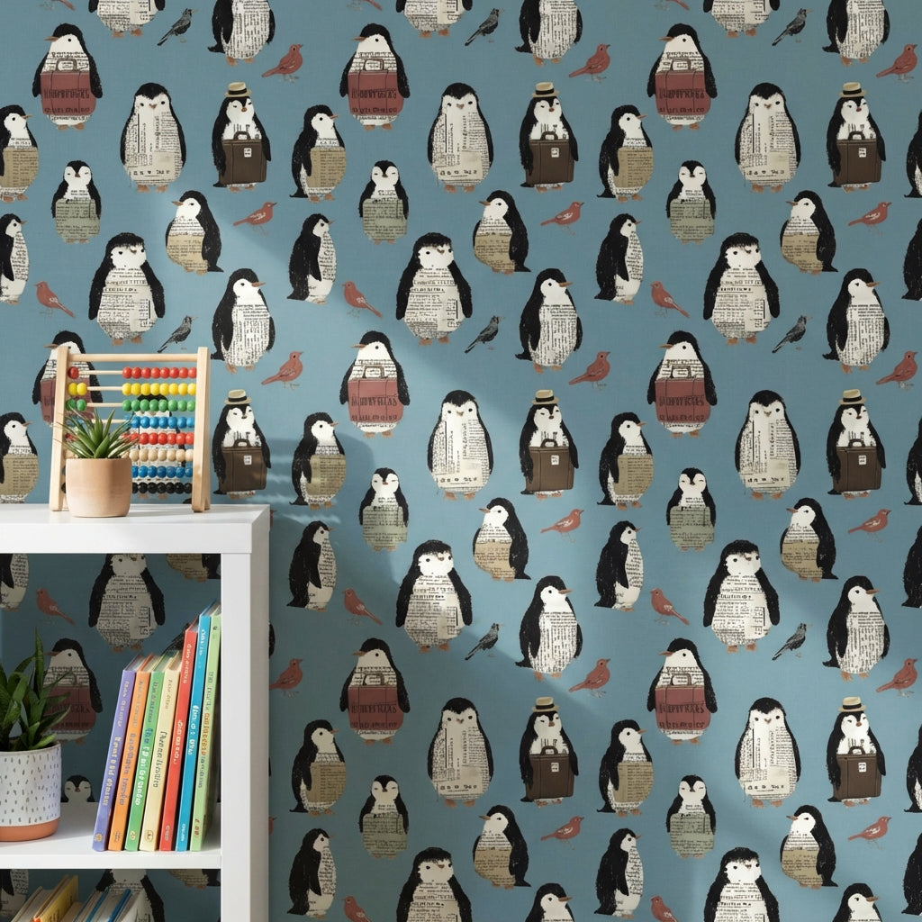 Penguen Desenli Duvar Kağıdı Mavi Çocuk Odası Duvar Dekoru