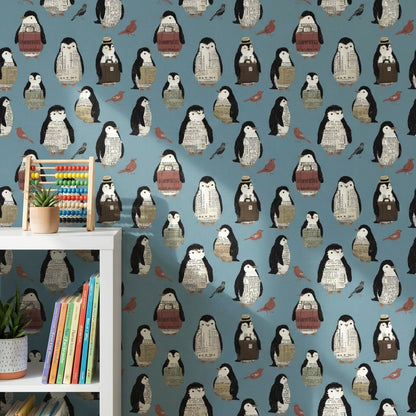 Penguen Desenli Duvar Kağıdı Mavi Çocuk Odası Duvar Dekoru