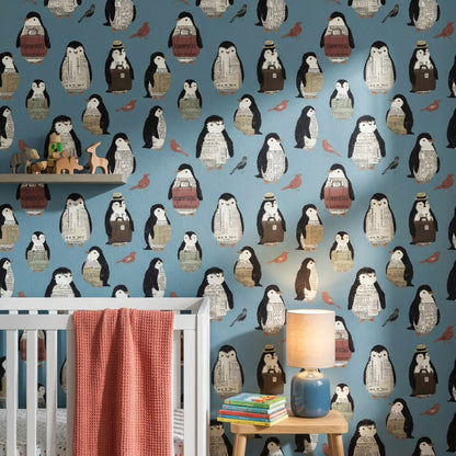 Penguen Desenli Duvar Kağıdı Mavi Çocuk Odası Duvar Dekoru