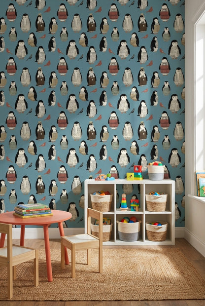 Penguen Desenli Duvar Kağıdı Mavi Çocuk Odası Duvar Dekoru