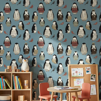 Penguen Desenli Duvar Kağıdı Mavi Çocuk Odası Duvar Dekoru