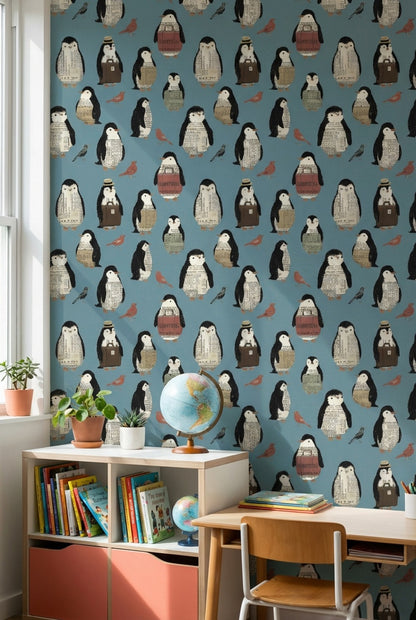 Penguen Desenli Duvar Kağıdı Mavi Çocuk Odası Duvar Dekoru