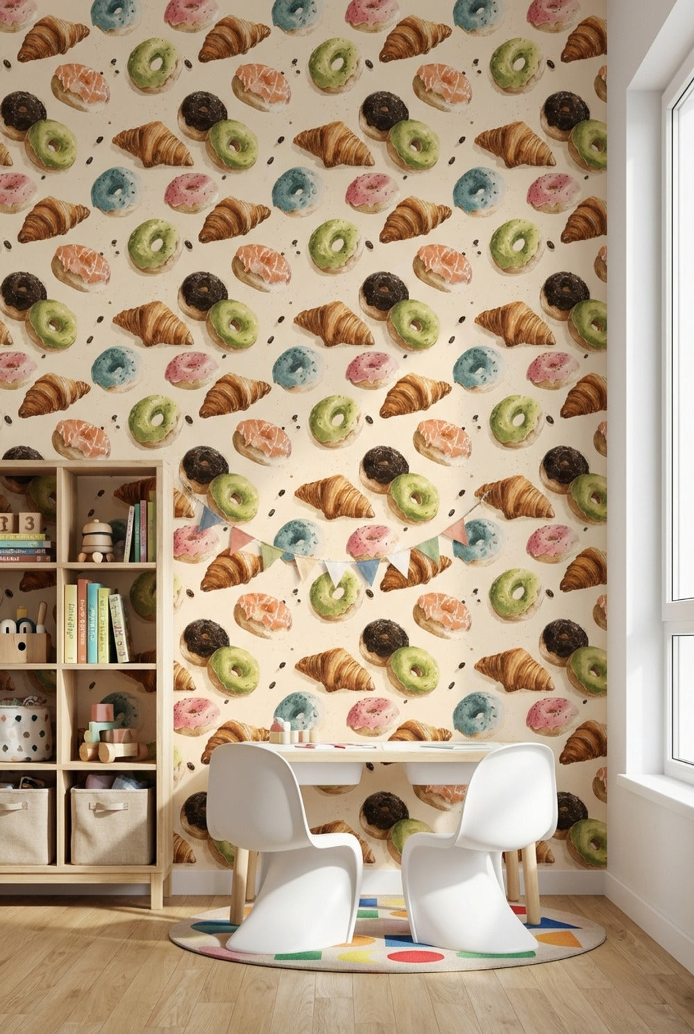 Donut ve Kruvasan Desenli Duvar Kağıdı Renkli Mutfak