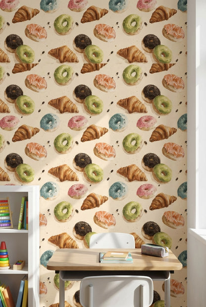 Donut ve Kruvasan Desenli Duvar Kağıdı Renkli Mutfak