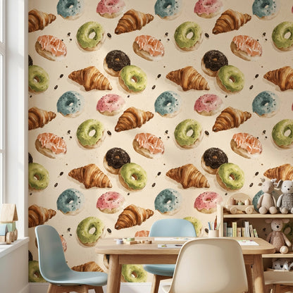 Donut ve Kruvasan Desenli Duvar Kağıdı Renkli Mutfak