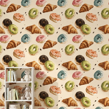 Donut ve Kruvasan Desenli Duvar Kağıdı Renkli Mutfak