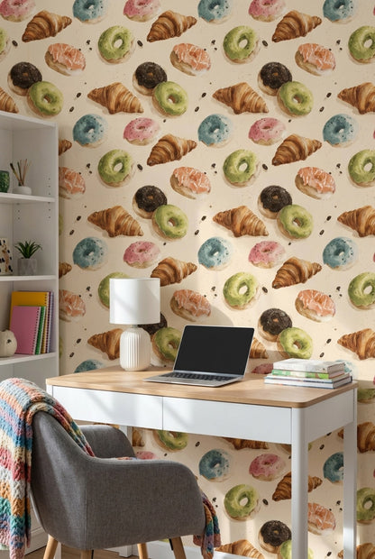 Donut ve Kruvasan Desenli Duvar Kağıdı Renkli Mutfak