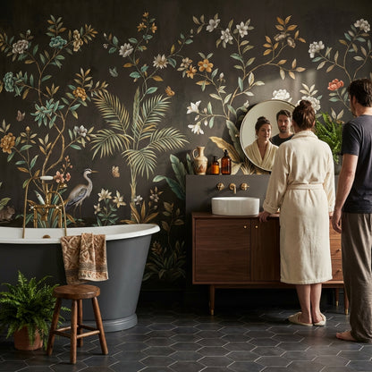Koyu Zeminli Botanik Çiçekli Poster Duvar Kağıdı Banyo