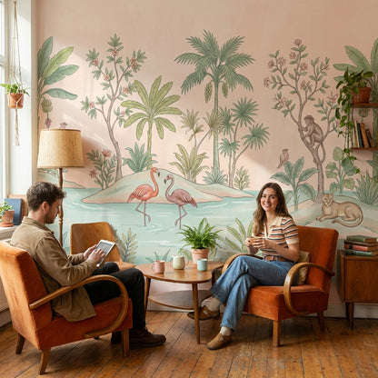 Tropikal Orman İllüstrasyonlu Poster Duvar Kağıdı Pastel Salon