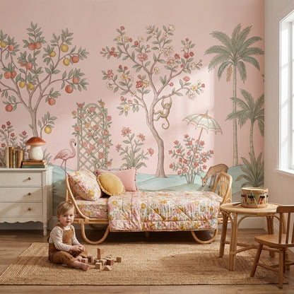 Tropikal Hayvanlı Poster Duvar Kağıdı Pudra Pembe Çocuk Odası