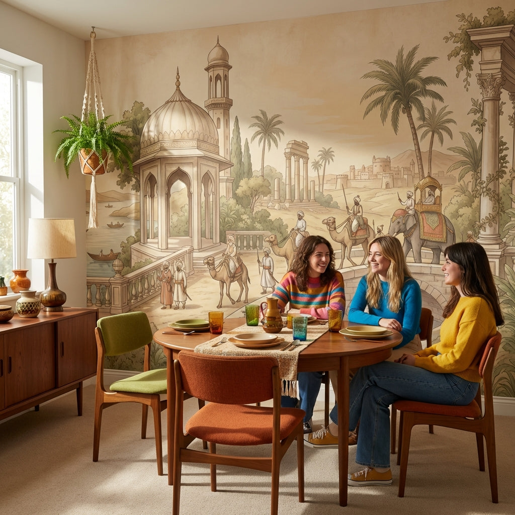 Oryantal Kervan Manzarası Poster Duvar Kağıdı Bej Salon