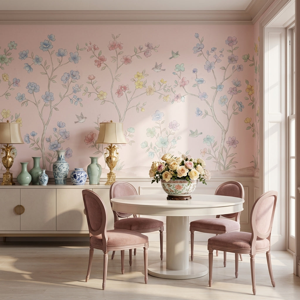 Pastel Çiçekli Poster Duvar Kağıdı Pudra Pembe Duvar Dekoru