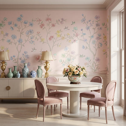 Pastel Çiçekli Poster Duvar Kağıdı Pudra Pembe Duvar Dekoru