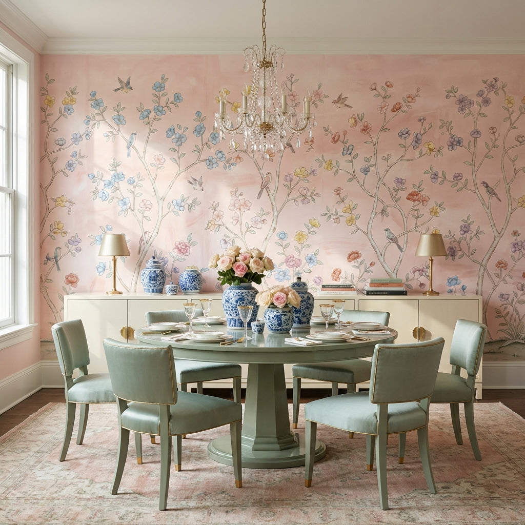 Pastel Çiçekli Dallı Poster Duvar Kağıdı Pudra Pembe Salon