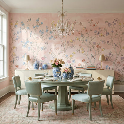 Pastel Çiçekli Dallı Poster Duvar Kağıdı Pudra Pembe Salon