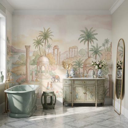 Oryantal Manzara Poster Duvar Kağıdı Bej Yeşil Salon