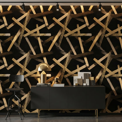 Altın Çubuk Desenli Duvar Kağıdı Siyah Modern Salon