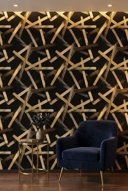 Altın Çubuk Desenli Duvar Kağıdı Siyah Modern Salon