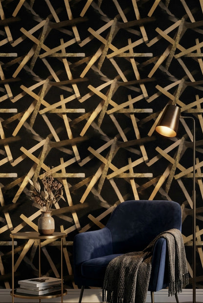 Altın Çubuk Desenli Duvar Kağıdı Siyah Modern Salon