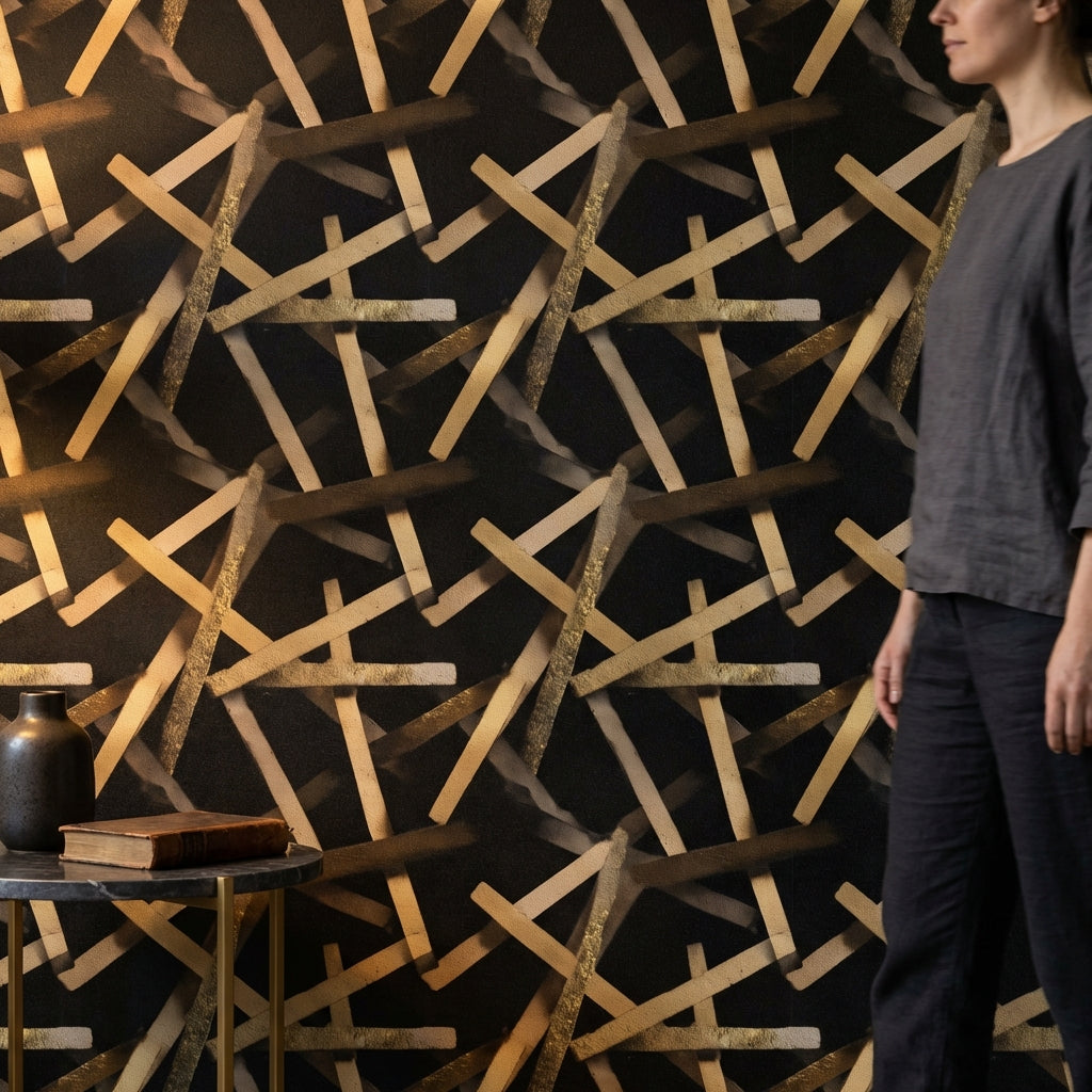 Altın Çubuk Desenli Duvar Kağıdı Siyah Modern Salon