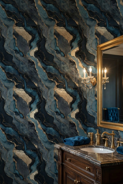 Lacivert Altın Mermer Görünümlü Duvar Kağıdı Salon Duvarı