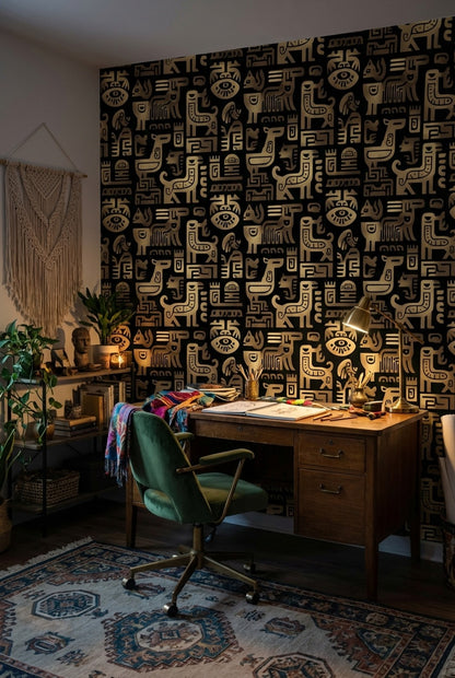 Soyut Tribal Desenli Duvar Kağıdı Siyah Bej Salon