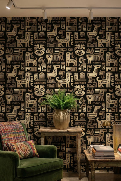 Soyut Tribal Desenli Duvar Kağıdı Siyah Bej Salon