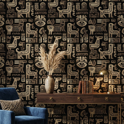 Soyut Tribal Desenli Duvar Kağıdı Siyah Bej Salon