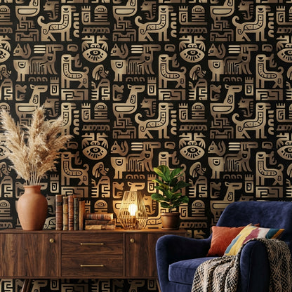 Soyut Tribal Desenli Duvar Kağıdı Siyah Bej Salon