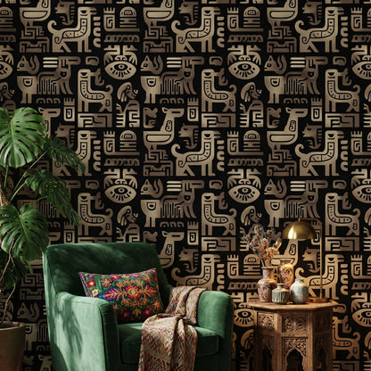 Soyut Tribal Desenli Duvar Kağıdı Siyah Bej Salon