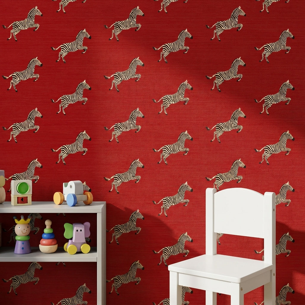 Zebra Desenli Duvar Kağıdı Kırmızı Fon Çocuk Odası