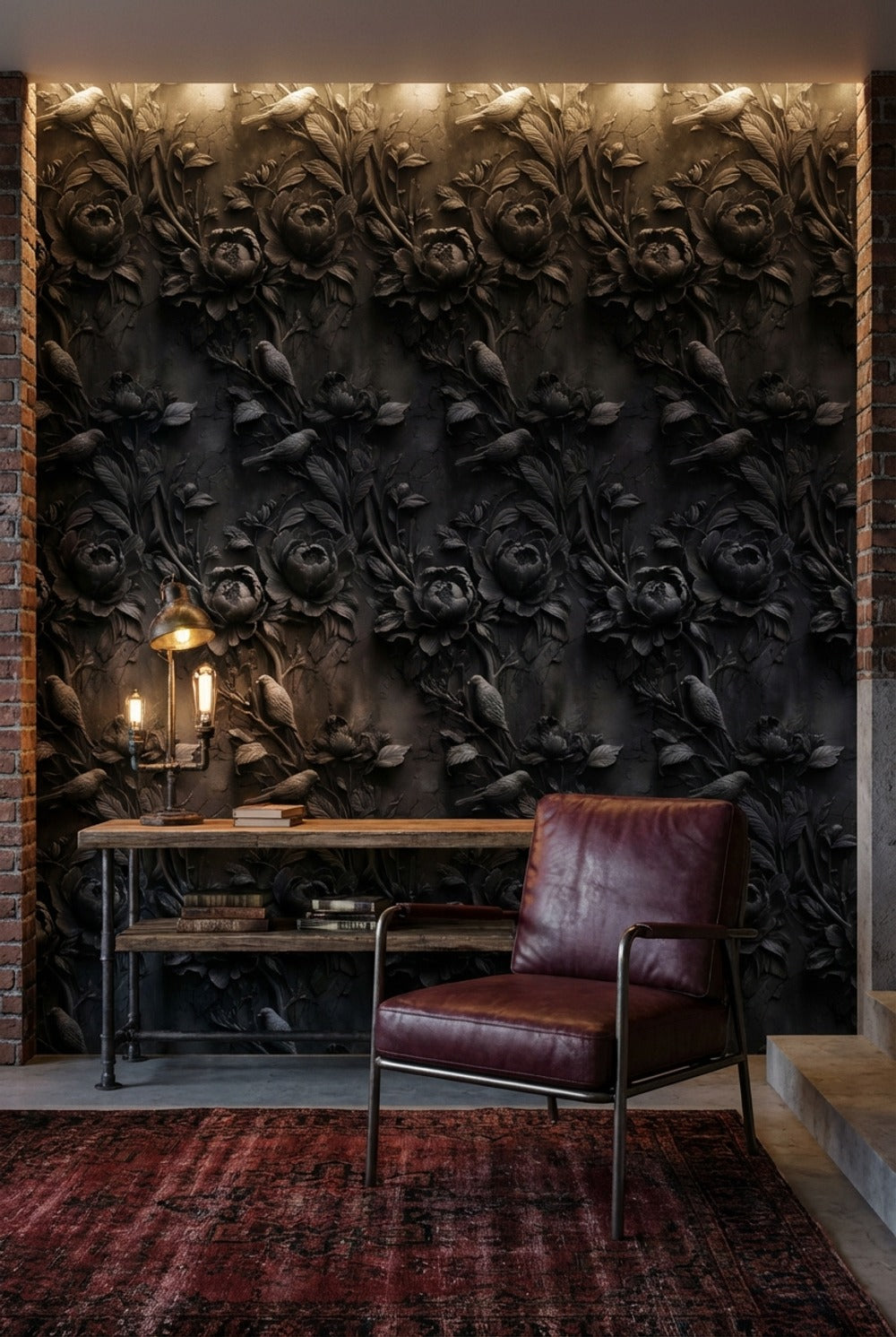 Koyu Çiçek ve Kuş Desenli Duvar Kağıdı Salon