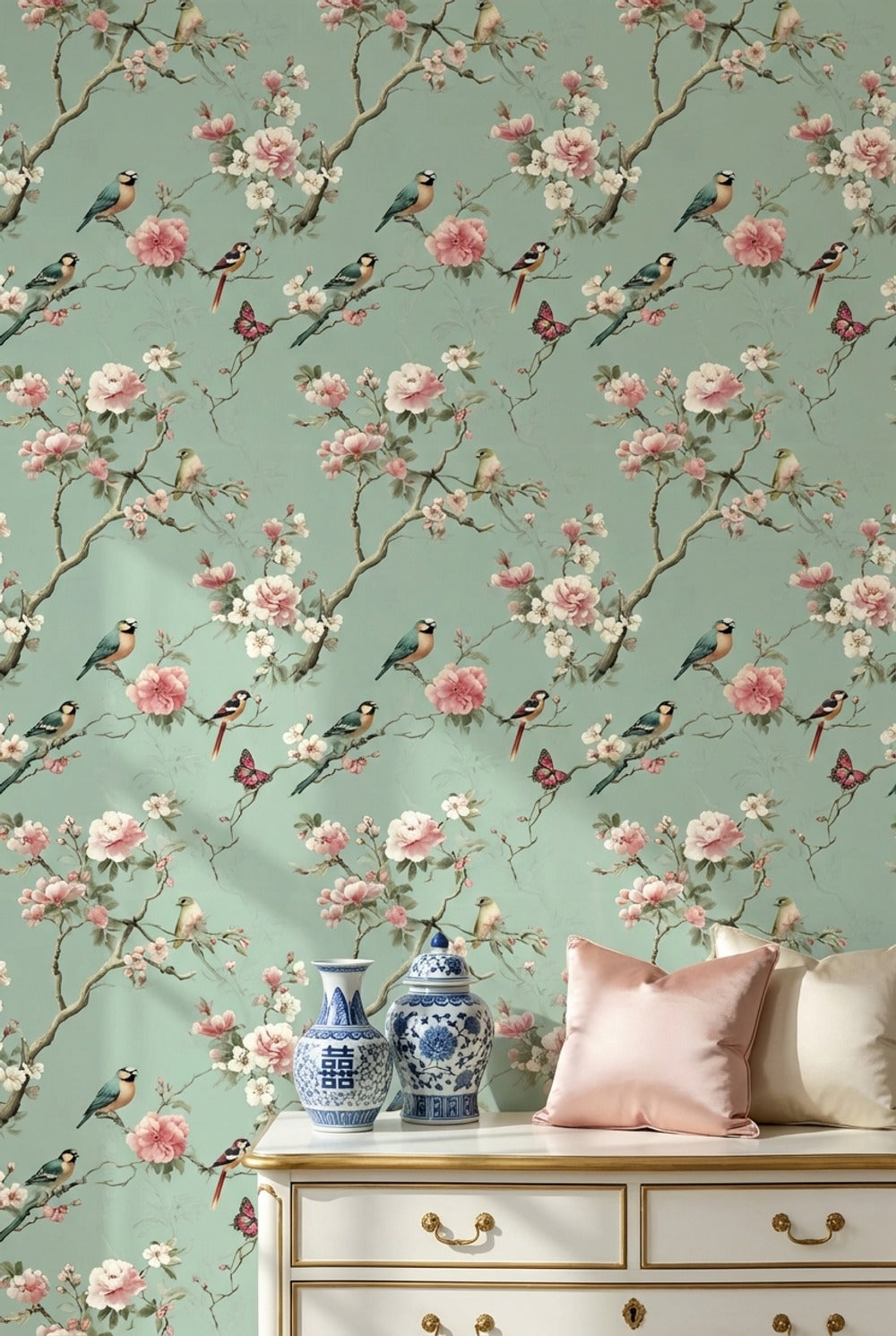 Kuşlu Çiçekli Duvar Kağıdı Mint Yeşil Vintage Desenli