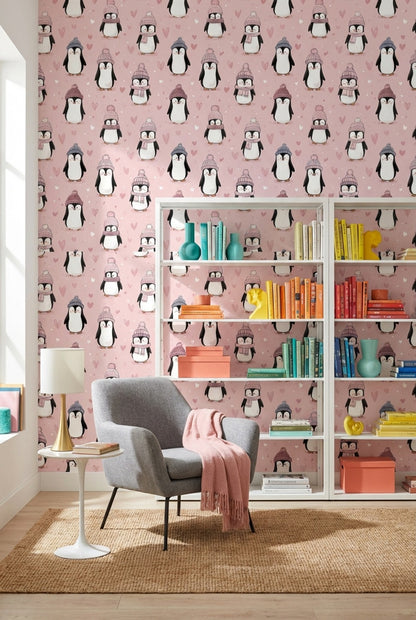 Kalpli Penguenli Duvar Kağıdı Pudra Pembe Çocuk Odası