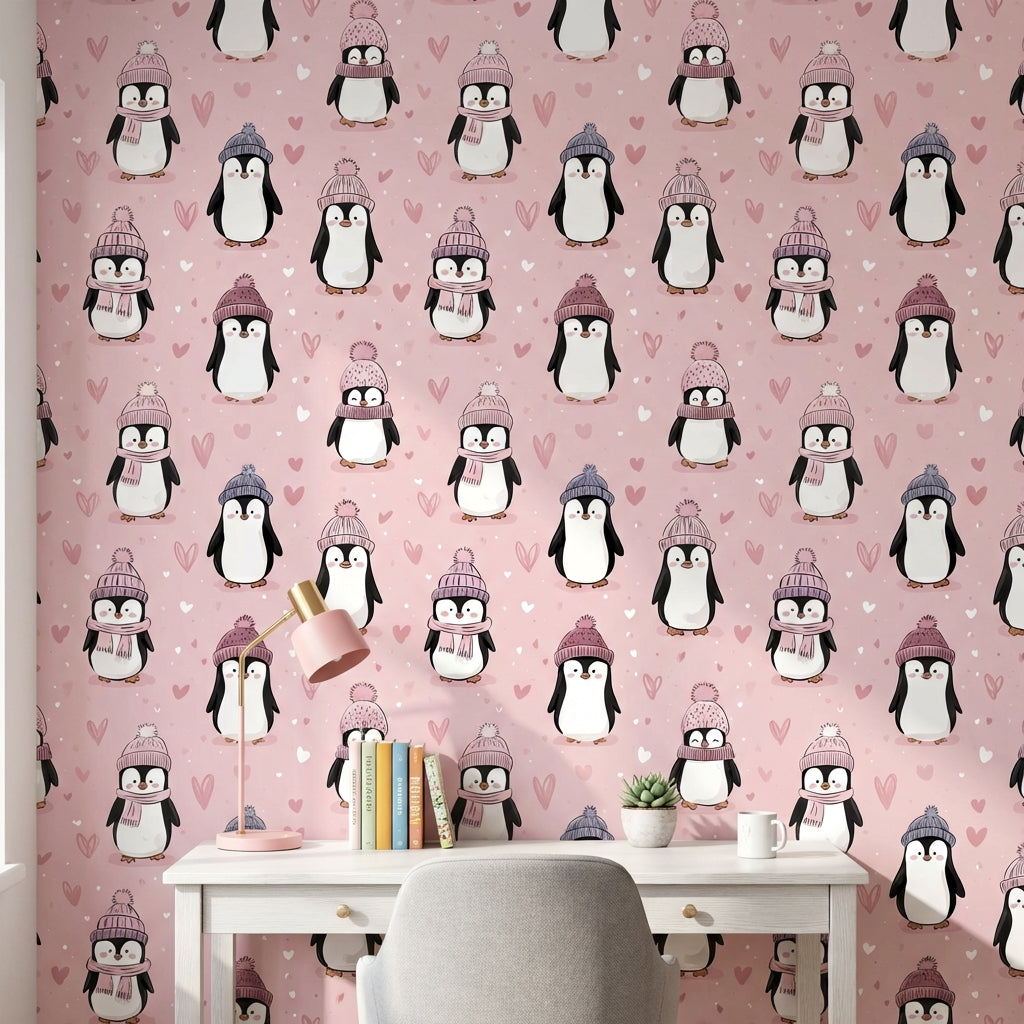 Kalpli Penguenli Duvar Kağıdı Pudra Pembe Çocuk Odası