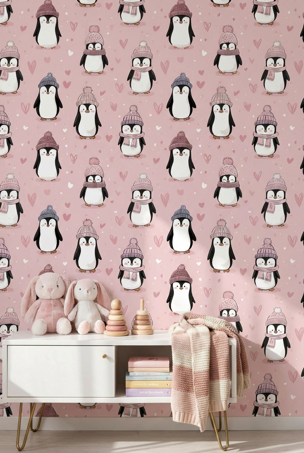 Kalpli Penguenli Duvar Kağıdı Pudra Pembe Çocuk Odası