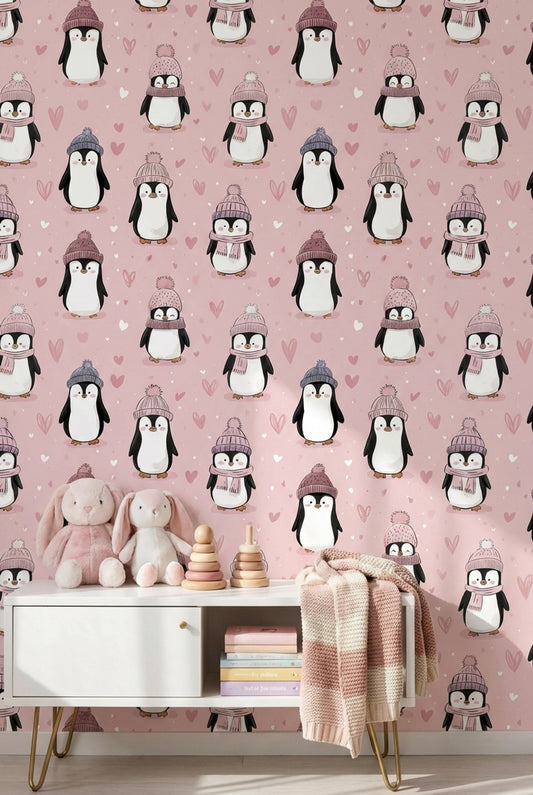 Kalpli Penguenli Duvar Kağıdı Pudra Pembe Çocuk Odası