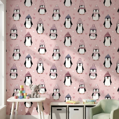 Kalpli Penguenli Duvar Kağıdı Pudra Pembe Çocuk Odası